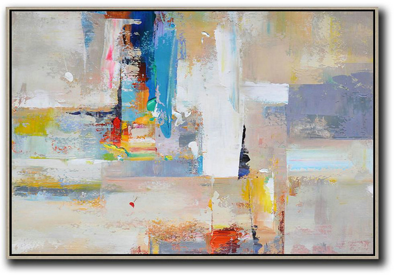 Abstract Painting Extra Large Canvas Art,Horizontal Palette Knife Contemporary Art,Canvas Artwork For Sale White,Grey,Yellow,Blue,Red